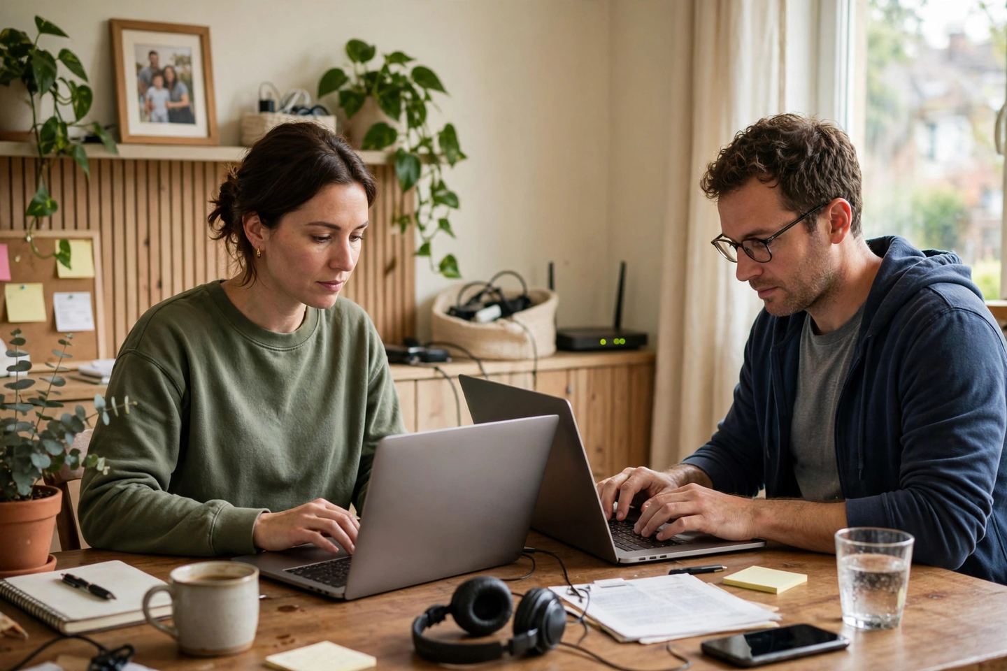 Two people working at their own laptops in a family home