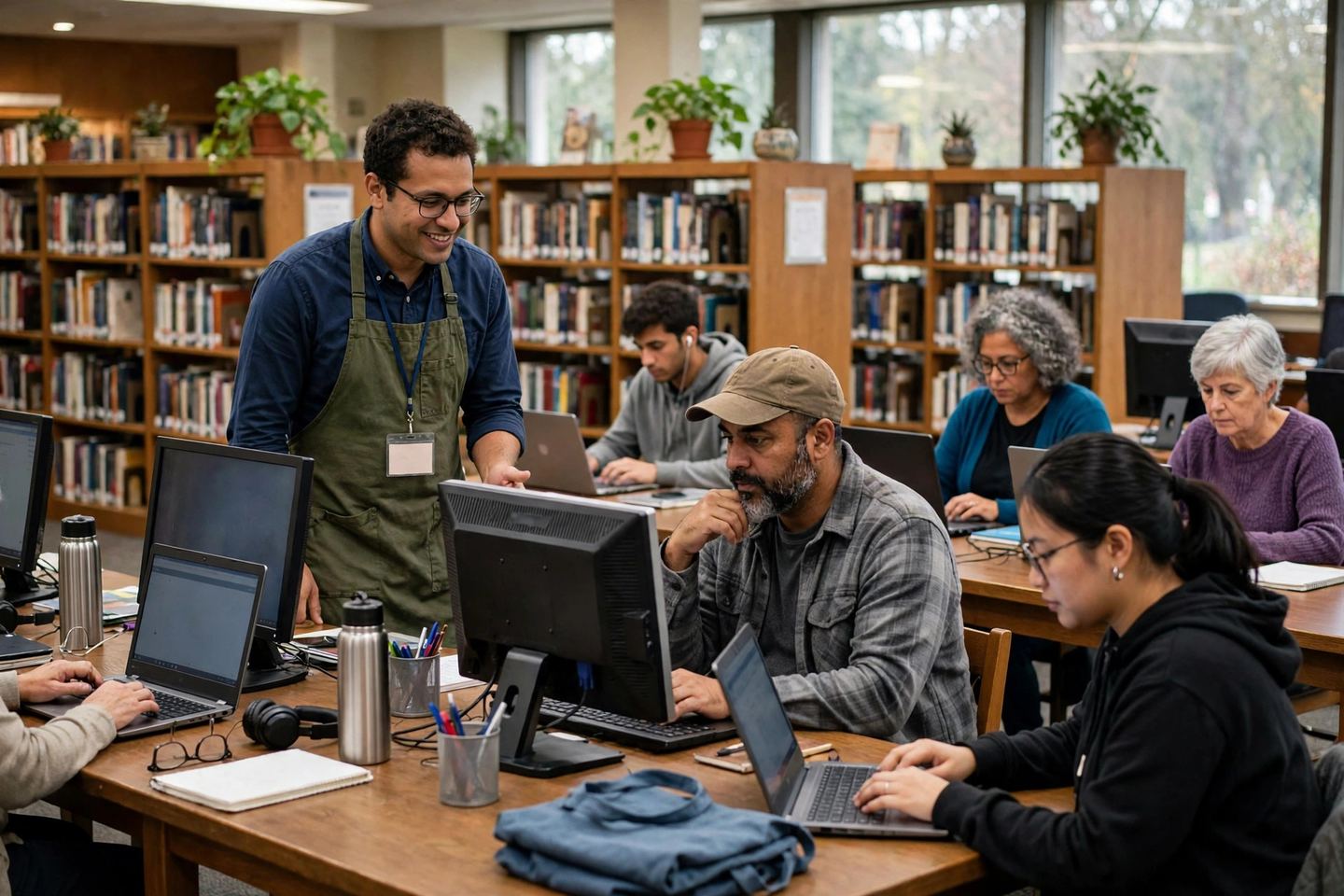 A public library reading room with visitors working at screens