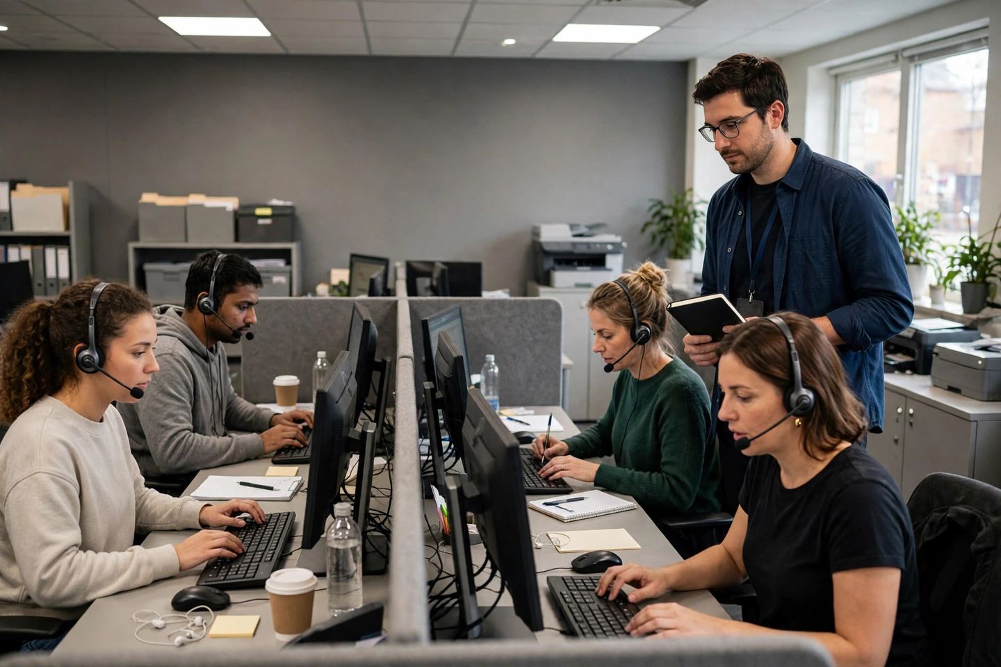 A call centre office with staff wearing headsets working at their screens