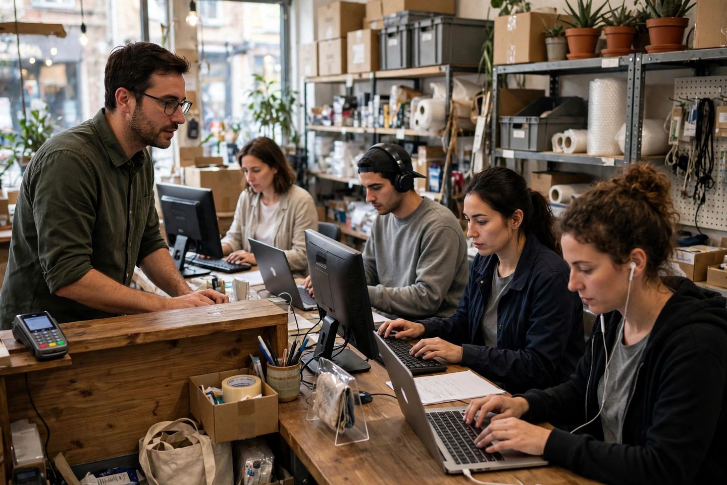 Shop staff working at screens at a back-office counter