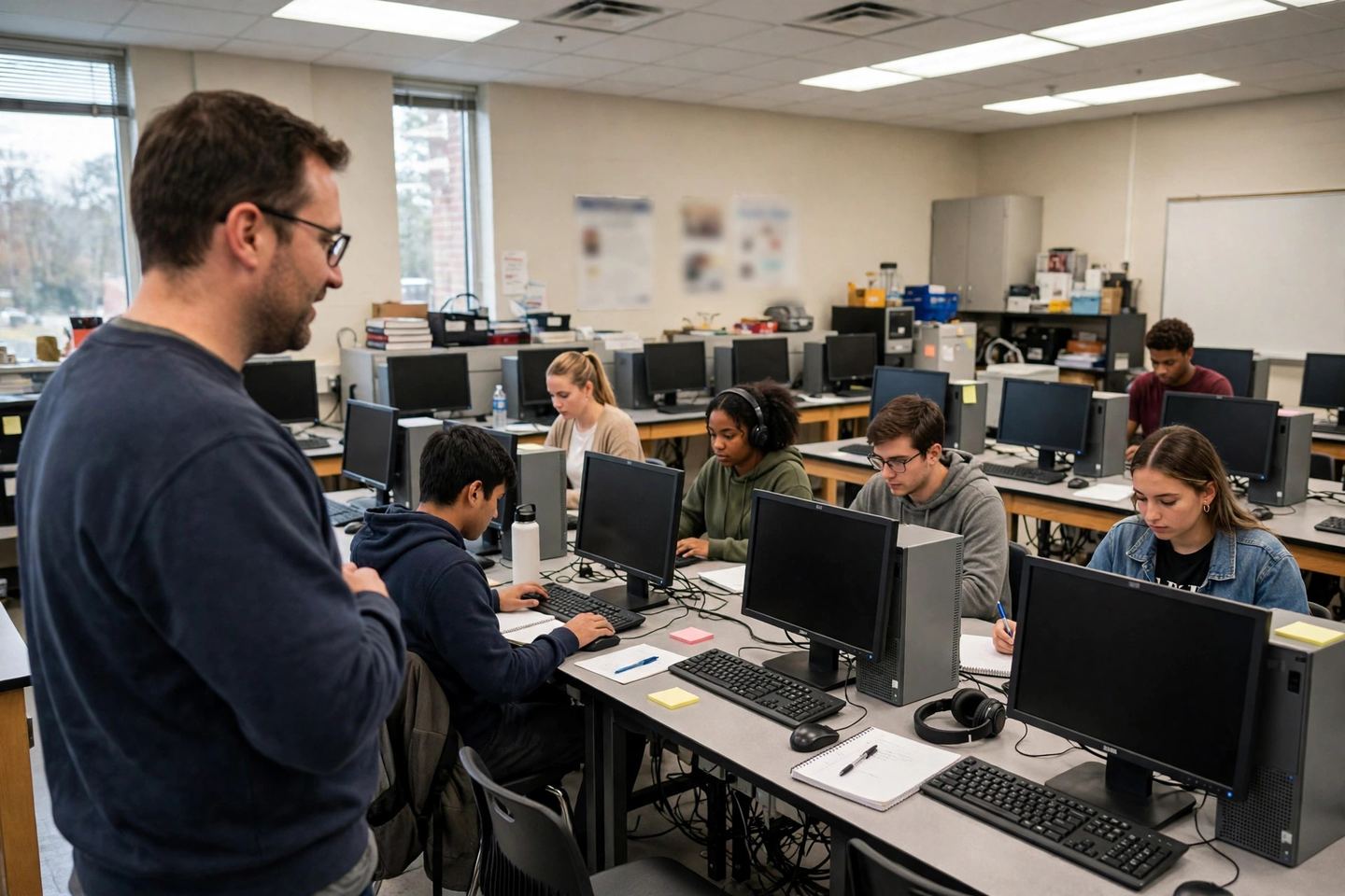 A classroom computer lab with pupils working at their own screens