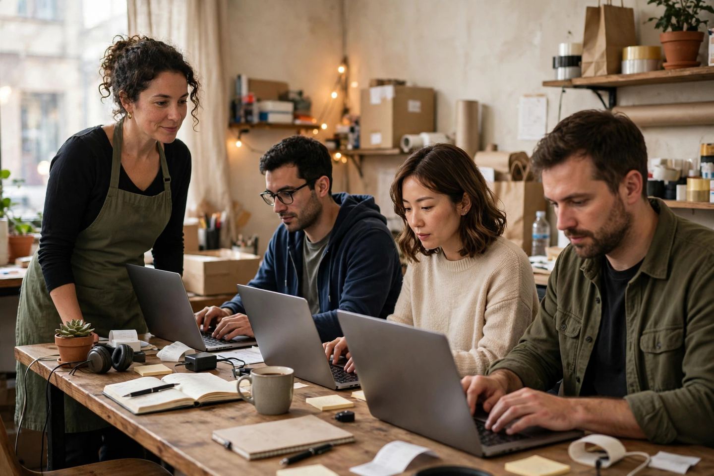Three staff members working at their own laptops in a small business office